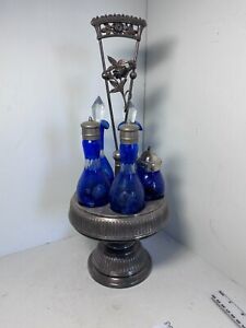 Vtg Cobalt Blue Glass Decanter Castor Cruet Condiment Set W Silver Plated Stand