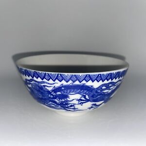 Vintage Chinese Blue White Dragon Porcelain Rice Footed Bowl 4 3 4 