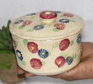 Handmade Embossed Ceramic Round Trinket Box Salt Box Decorative Collectible