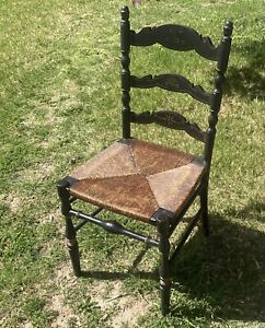 Antique Karpen Ladder Back Chair Woven Rattan Seat Stenciled