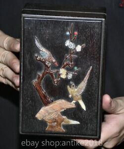 7 Rare Old Chinese Ebony Wood Shell Dynasty Palace Flower Bird Jewelry Box