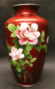 Silver Mounted Japanese Ginbari Enamel Cloisonn Vase With Pink Roses 18 5cm