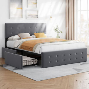 Queen Size Bed Frame Upholstered Platform Bed With 4 Drawer Adjustable Headboard