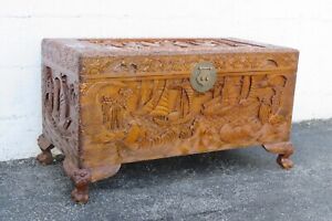 Late 19th Century Heavy Carved Asian Camphor Chest Blanket Trunk 5263