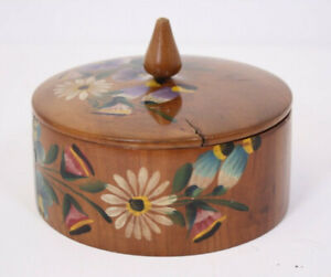 Treen Antique Wood Mahogany Hand Painted Vtg Covered Bowl Jar Box Turned Art