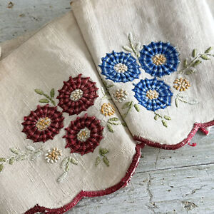 75x6 Self Trim Valance Alsace Antique Embroidered Linen Fabric 1900 Embroidery