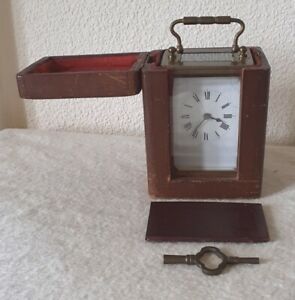 Antique French Brass Bevelled Glass Panelled Carriage Clock With Leather Case