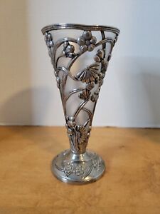 Vtg Art Nouveau Silver Plated Floral Pattern Trumpet Vase Plastic Lining