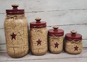 Primitive Crackle Tan Burgundy Stars Hand Painted Mason Jar Canister Set Of 4