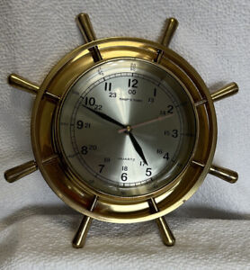 Ship S Time Solid Brass Maritime Ships Wheel The Helm Clock Vintage 10 X2 1 2 