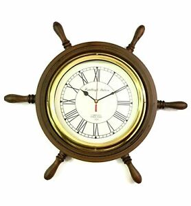 Nautical Ship Wheel Wall Clock 18 Wooden Antique Home Office Round Wheel Clock