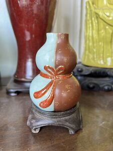 Antique Chinese Triple Celadon Famille Rose Gourd Vase 4 Character Mark