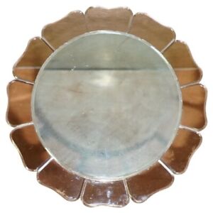 Large Sublime 1930 S Art Deco Peach Glass Bevelled Venetian Round Petal Mirror