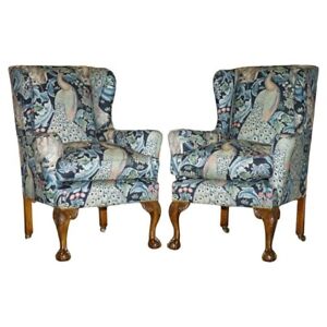 Pair Of Restored Antique William Morris Forest Claw Ball Wingback Armchairs