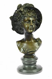 Very Pretty Pure Bronze Female Classical Portrait Bust Art Deco Marble Artwork