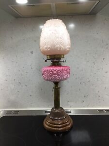 Victorian Oil Lamp Pink Milk Glass Reservoir Copper Column Floral Shade C 1890