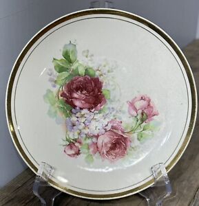 Antique Dresden China Plate Flowers Roses Burgundy Pink Lilac Leaves Gold Trim
