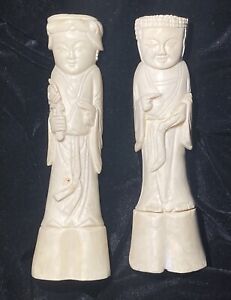 Vintage Chinese Hand Carved Real Bone Man Woman 15cm Statues 6 As Is