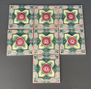 7 Antique Art Nouveau Gilliot Cie Majolica 6 X 6 Pink Green Glazed Tiles