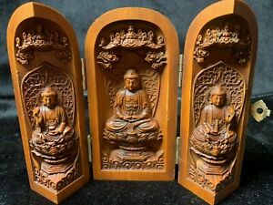 Vintage Japanese Netsuke Old Boxwood Carved Three Open Buddha Box Statue