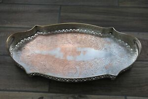 Silver Plated Footed Gallery Butler S Tray Decorative Scrollwork Large Vintage