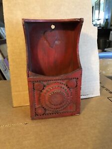 Antique American Primitive Folk Art Tramp Art Hanging Box Salt Box Red Paint