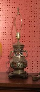 Antique Vintage Vase Lamp Chinese Cloisonne Champleve Dragons James Mont Style