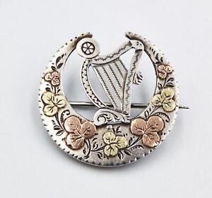 Victorian Sterling Silver Gold Irish Harp Shamrock Brooch Birmingham 1891