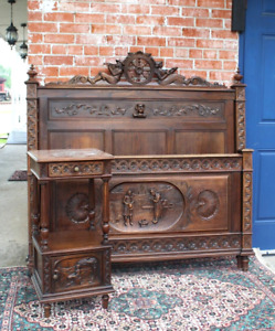 French Antique Carved Oak Britany Full Size Bed Nightstand