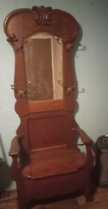 Antique Oak Hall Seat Rack Tree Hat Coat Storage Ornate Carved Beveled Mirror