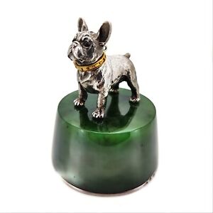 Antique Vintage Imperial Faberge Era Silver French Bulldog On Jade Stand