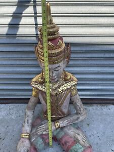 Thai Carved Wood Multi Colored Gold Buddha Statue Carving Thailand