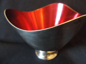 F B Rogers Silver Tone Red Enamel Lined Bowl 459 Mcm Denmark