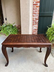 Antique French Sofa Side Table Writing Desk Louis Xv Carved Oak Parquet Top