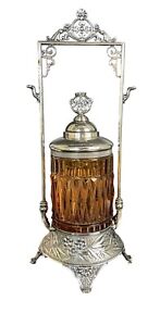 Antique Victorian Pickle Castor Simpson Hall Miller Co Silverplate Amber Glass