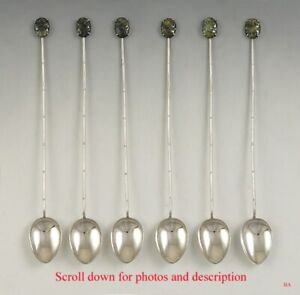 Set Of 6 Chinese Sterling Silver Jade Iced Tea Spoons With Bamboo Design Handle