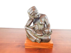 Vintage 1970s Bronze Signed Art Sculpture Seated Nurturing Mother Child