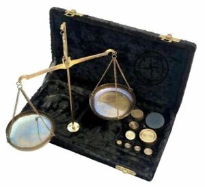 Antique Brass Vintage Jewelry Balance Scale With Velvet Box Complete Weights
