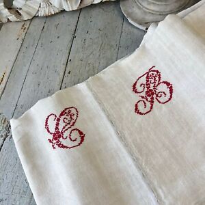 Antique French Linen Sheet Tablecloth Cb Monogram On Heavy Canvas Fabric