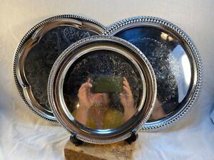 Lot Of 3 Vintage Engraved Silverplate Serving Trays In Used Condition 