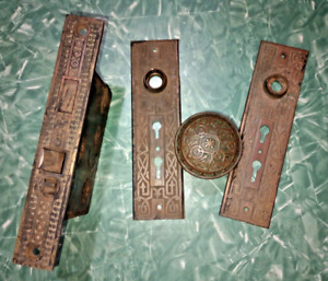 Antique Set Eastlake Victorian Mortise Double Lock Escutcheon Door Knob
