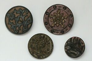 4 Antique Victorian Bronzed Metal Floral Fleur De Lis Picture Buttons