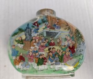 Vintage Reverse Painting Glass Chinese Snuff Bottle Group At Play No Stopper 