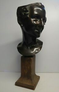 Impressive Bronze Art Deco Bust Mask Female 1920 Wooden Base 45 Cm Nice Patina