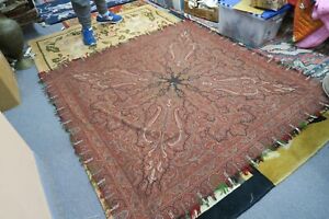 Antique Victorian Signed Paisley Woven Wool Shawl Throw Tablecloth 69 Square