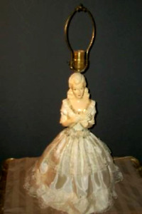 Antique French Lady Chalkware Lamp Dressed Half Doll Double Silk Ribbon Flowers