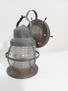 Vintage Nautical Brass And Glass Wall Mounted Light Fixture Ships Wheel Nice 