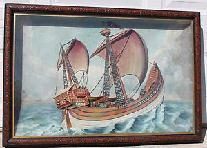 Antique Maritime 19th Century Folk Art Hand Painted Plaster Framed Cased Diorama