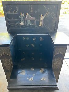 Chinese Flip Top Bar Cabinet Black Lacquer With Carved