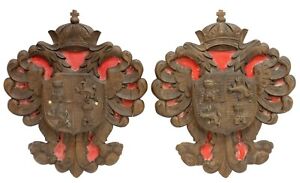 Plaques Coat Of Arms Pair Baronial Spanish Carved Walnut City Of Toledo 